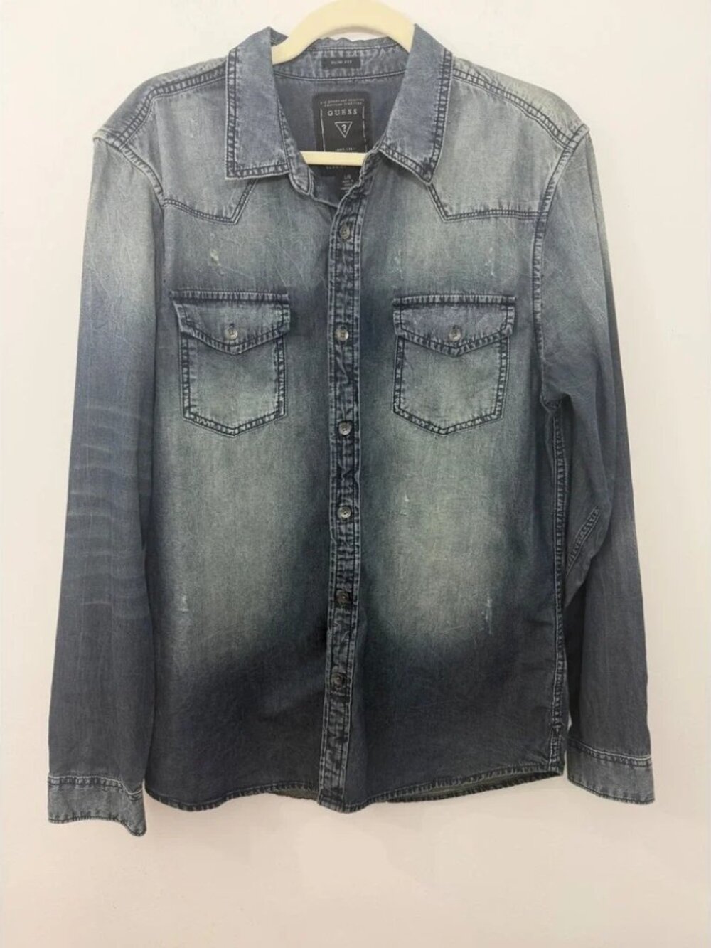 Guess Mens Slim Fit Denim Western Shirt Blue Long Sleeve M61H11D1Q